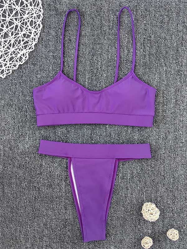 Solid Color Spaghetti-Neck Split Bikini Swimsuit