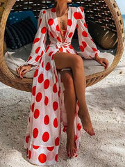 Polka-Dot Floral-Print Puff Sleeves Tunicshang Maxi Dress