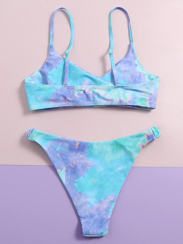 Tie-Dyed V-Neck Spaghetti-Neck Split Bikini Swimsuit