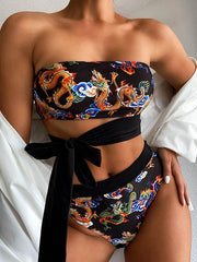 Chinese Style Printing Bandeau Bandage Split Bikini Swimsuit