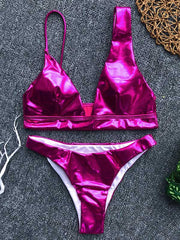 Solid Color Sequined Leather V-Neck Split Bikini Swimwear