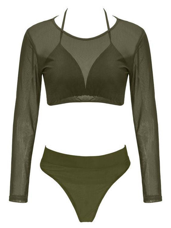 Solid Color Triangles +Long Sleeve Wetsuit Three-Piece Set