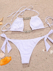 Solid Color Gorgeous Embellished Hollow Bandage Split Bikini Swimsuit