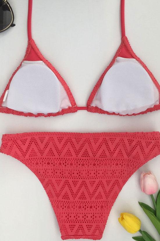 Slide Triangle Neckholder-Bikini-Badeanzug mit Spitze – Zweiteiliges Set 