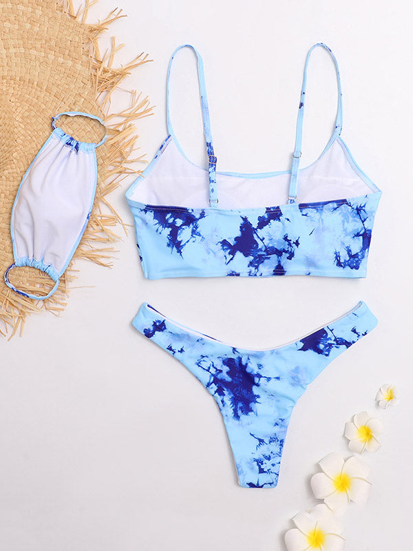 Tie-Dyed Gradient Spaghetti-Neck Split Bikini Swimsuit+Mask