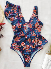 Floral Printed Falbala V-Neck One-Piece Swimsuit