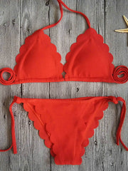 Einfarbiger Bikini-Badeanzug mit Blumenmuster und rückenfreiem Schnitt 