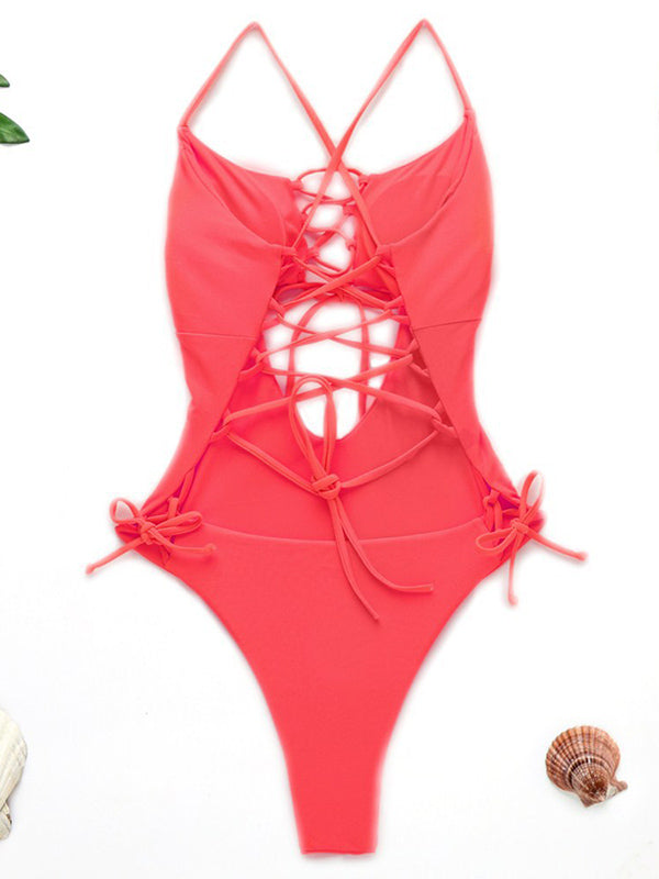 Fluorescent Color Spaghetti-Neck Hollow Bandage One-Piece Swimwear