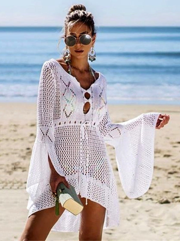 Flared Sleeves Crochet Swimwear Cover-Ups