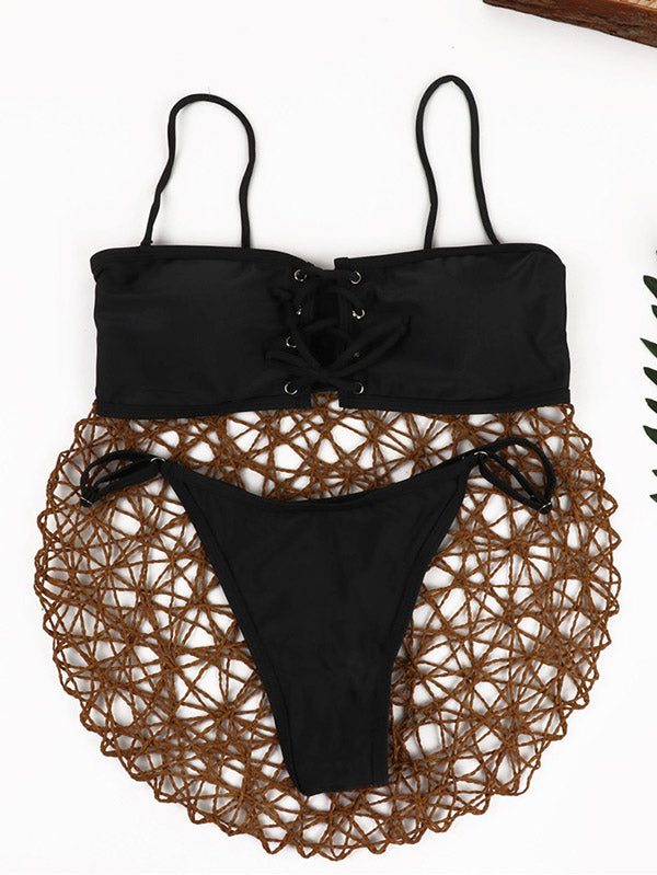 Solid Color Lace-Up Bikinis Swimsuit