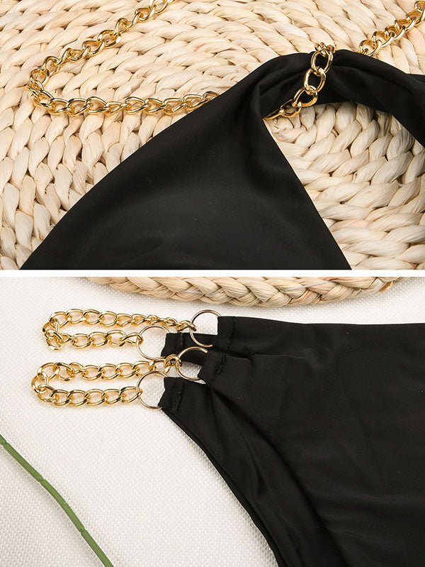 Split-Joint Chains Halterneck Backless Bralette Hollow Bikini Swimwear