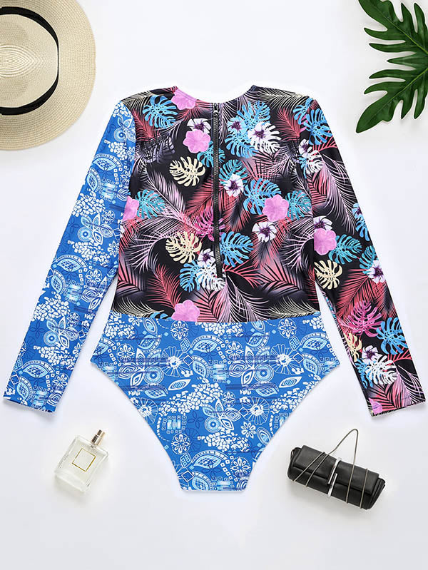 Wetsuit Floral Long Sleeve Zipper One-Piece Swimwear