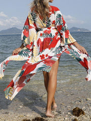 Floral-Print Belted Long Sleeve Tunicshang Cover-Ups