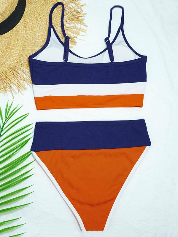 Solid Color Color-Block Spaghetti-Neck Split Bikini Swimsuit