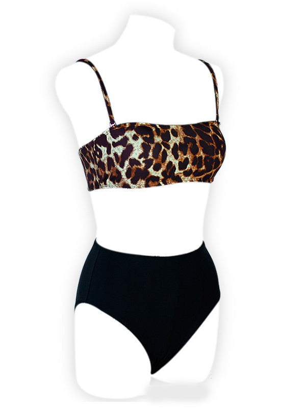 Leopard Print Bandeau Spaghetti-Neck Color-Block Split Bikini Swimsuit