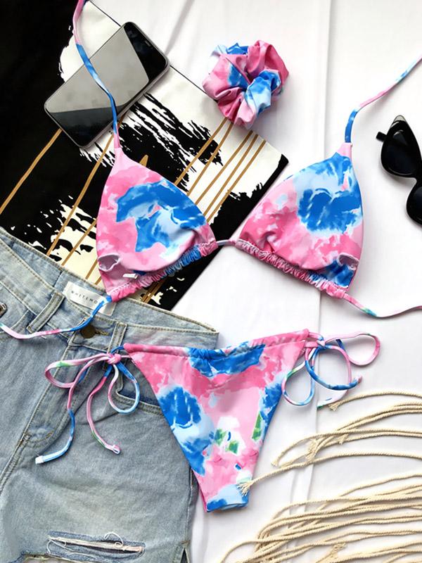 Tie-Dyed Printed Halterneck Split Bikini Swimsuit +Hair Ring