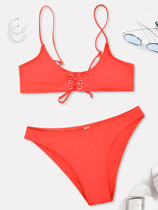 Solid Color Bandage Spaghetti-Neck Split Bikini Swimsuit