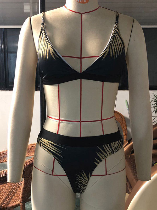 Leaf-Printed Solid Halter-Neck Bikini Swimsuit