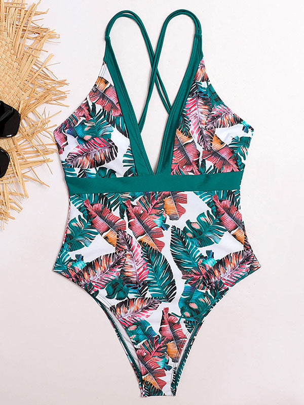 Floral-Print V-Neck Backless Tight One-Piece Swimwear