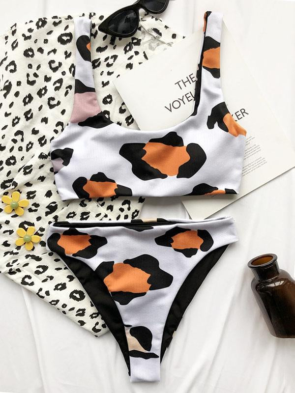 Cow Pattern U-Neck Split Bikini Swimsuit