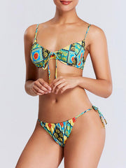 Vintage Print Knotted Underwired Split Bikini Swimsuit