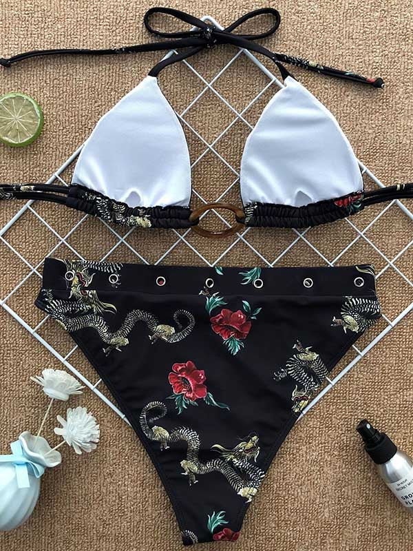 Chinese Style Printed Split Bikini Swimsuit