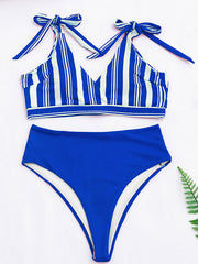 Striped Printed Color-Block Knotted V-Neck Split Bikini Swimsuit