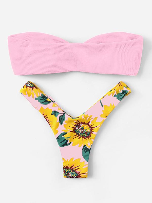 Color-Block Floral-Print Knotted Bandeau Split Bikini Swimsuit