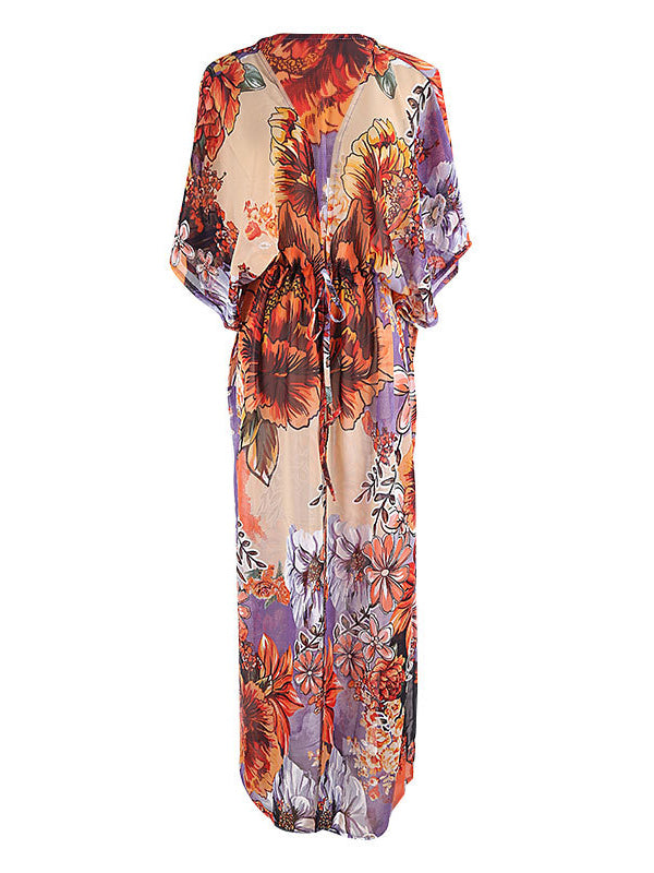 Floral Chiffon Half Sleeve Loose Long Cardigan Cover-Up Swimwear