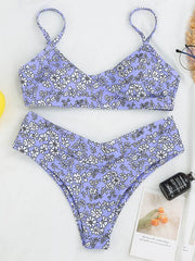 Floral-Print  V-Neck Spaghetti-Neck Split Bikini Swimsuit