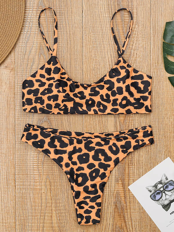 Leopard Print Spaghetti-Neck Split Bikini Swimsuit