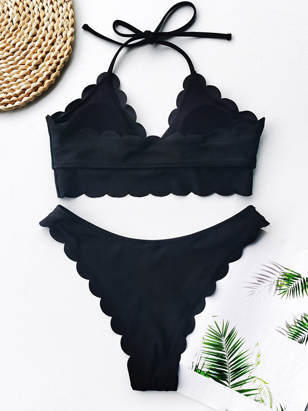 Solid Color Cropped Halterneck Split Bikini Swimsuit