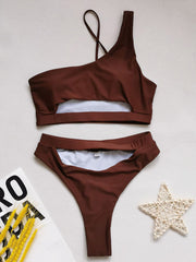 One-Sholuder Solid Color Hollow Bralette High-Waisted Bikini Swimwear