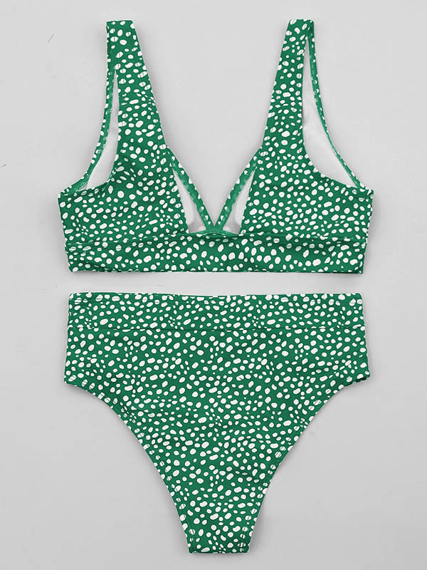 Polka-Dot Printed Deep V-Neck Split Bikini Swimsuit