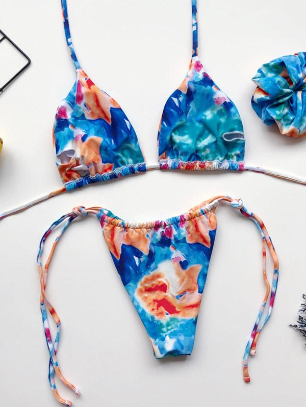 Tie-Dyed Printed Halterneck Split Bikini Swimsuit +Hair Ring