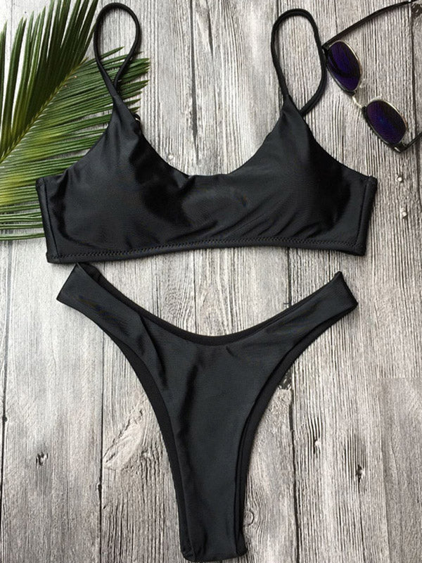 Solid Round-Neck Plunge Top With Hipster Bikini Set