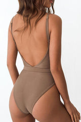 Low Back High Leg Belted V Neck One Piece Swimsuit