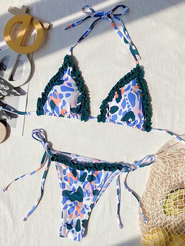 Neckholder-Bikini mit Blumenmuster, rückenfrei, mit Dreiecken und seitlicher Schnürung 