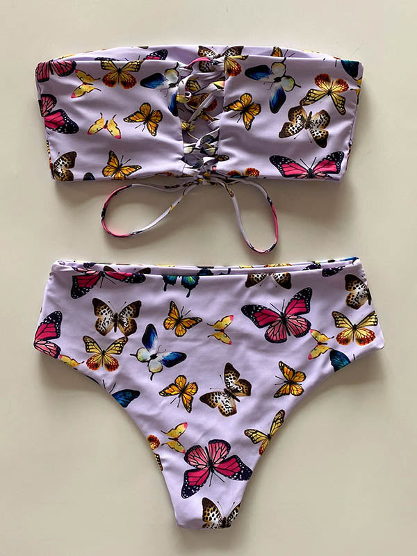 Strapless Butterfly Pattern Split Bikini Swimsuit