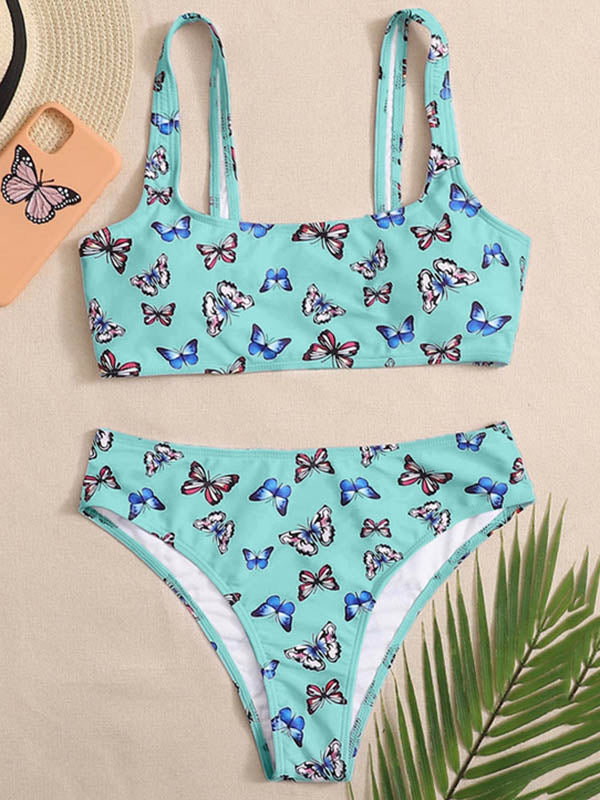 Floral-Print U-Neck Split Bikini Swimsuit