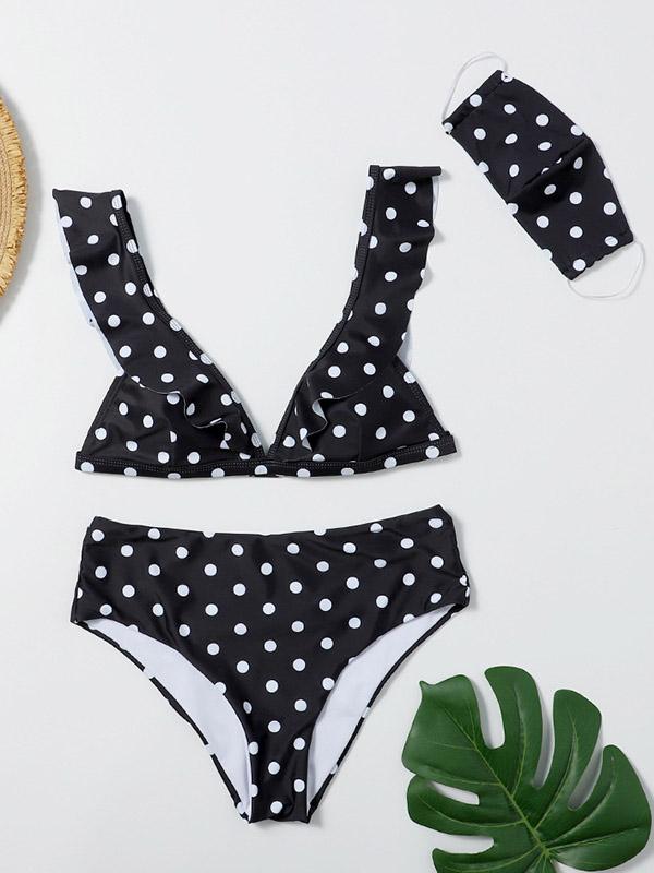 Polka Dot Falbala V-Ausschnitt Split Bikini Badeanzug + Maske 