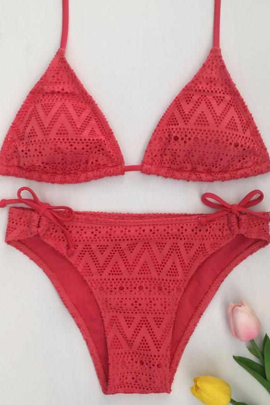 Slide Triangle Neckholder-Bikini-Badeanzug mit Spitze – Zweiteiliges Set 