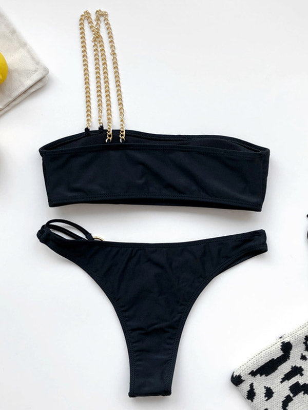 Asymmetric One-Shoulder Embellished Split Bikini Swimsuit