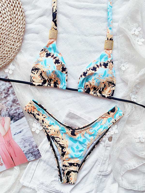 Ethnic Printed Knotted  Triangles Split Bikini Swimsuit