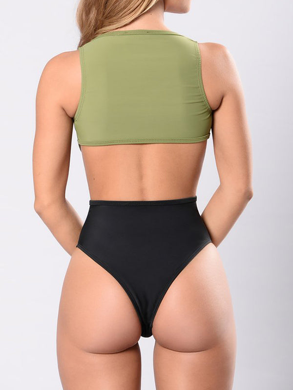 Contrast Color Split-Joint Bandage One-Piece Swimwear