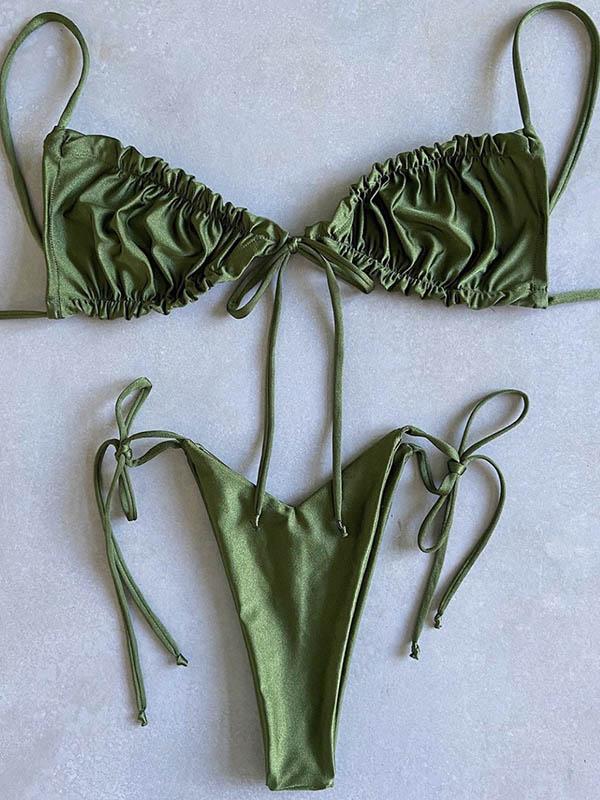 Solid Color Gathered Triangles Bandage Split Bikini Swimsuit