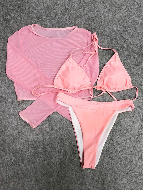 Solid Color See-Through Long Sleeve+Triangles Split Bikini Swimsuit+Three-Piece Set