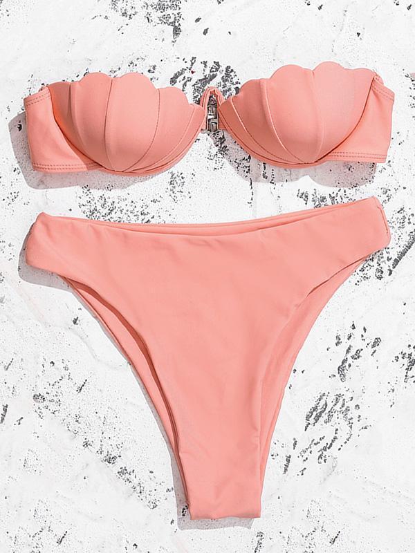 Solid Color Shell Shape Bandeau Split Bikini Swimsuit