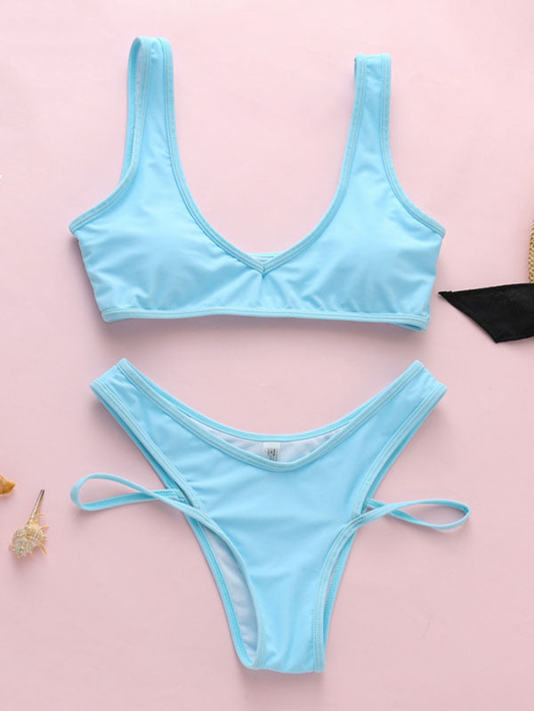 Solid Color Hollow Bandage Split Bikini Swimsuit