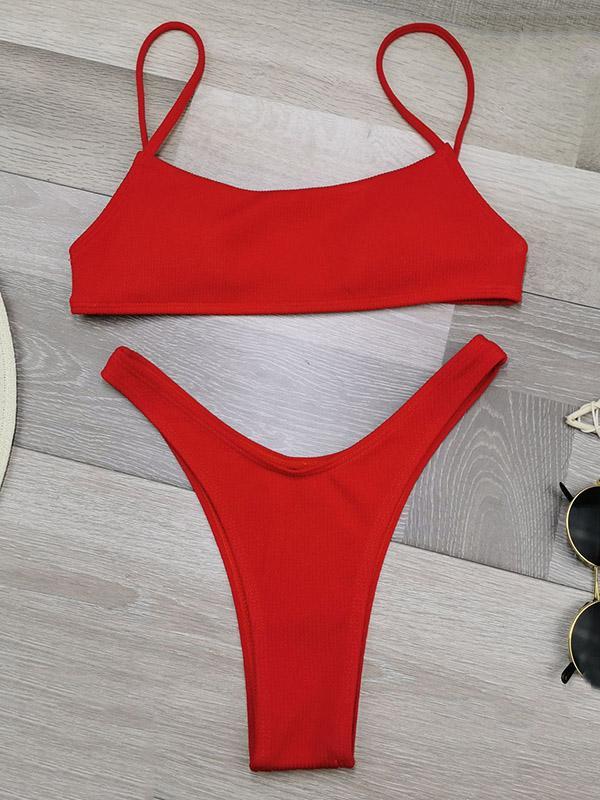 Solid Color Thread Spaghetti-Neck Split Bikini Swimsuit